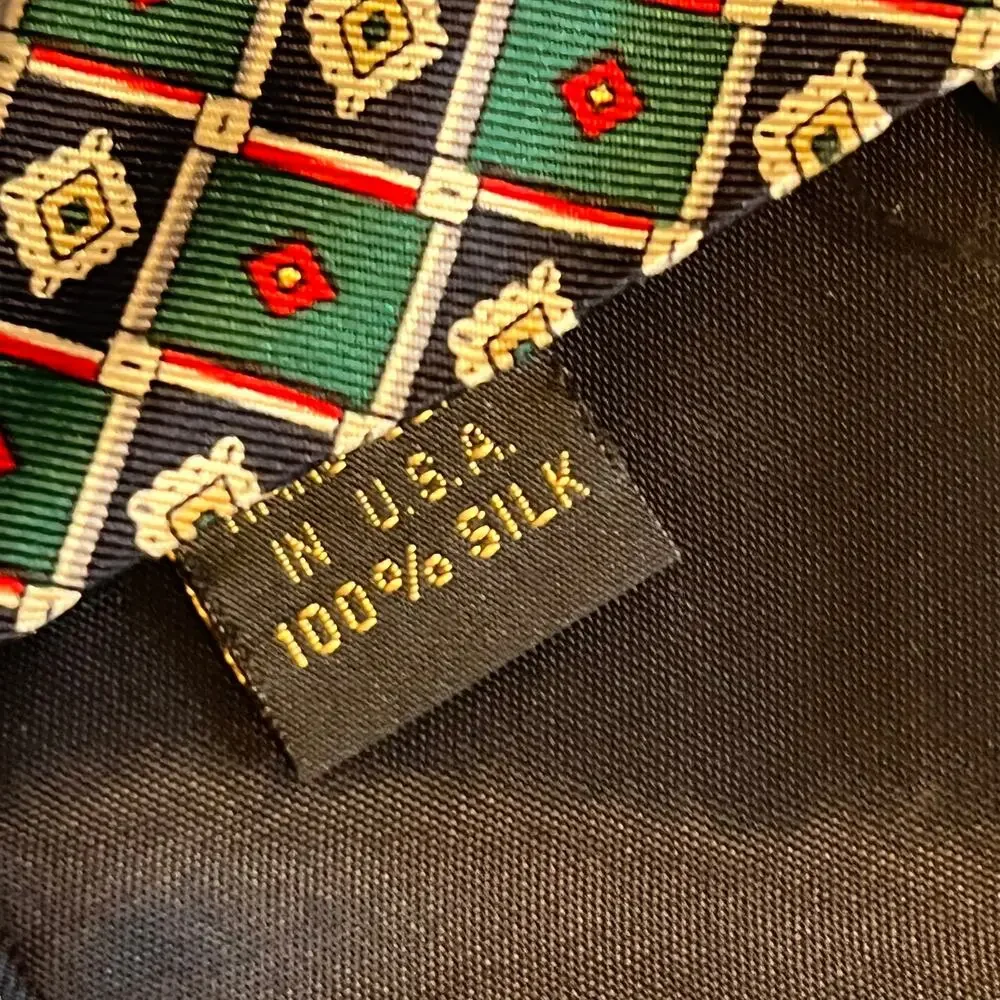Vintage HUNTING HORN Green Navy Red Medallion Print Silk Men's Tie 63